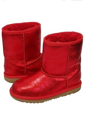 UGG • Classic II Red Metallic Sparkle Leather Winter Boots Kids Size 3